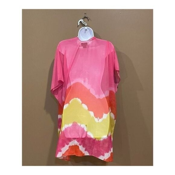Colorful Tie-Dye Lightweight Kimono Cardigan Pink/Yellow/Orange Open Front - Picture 2 of 6